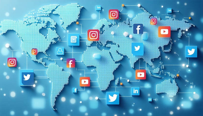 Social media icons connecting businesses globally